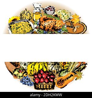 Sfondo d'autunno del ringraziamento con piatti e simboli tradizionali Illustrazione Vettoriale