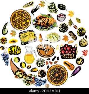 Insieme di oggetti e simboli sul tema del Ringraziamento autunnale. Illustrazione Vettoriale