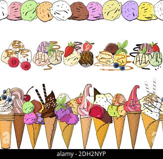 Ripetizioni orizzontali senza giunture con vari icecream. Illustrazione vettoriale, elementi disegnati a mano. Ottima stampa per biglietti d'auguri, vestiti, biancheria da letto Illustrazione Vettoriale