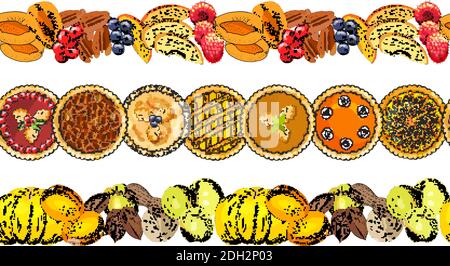 Frontiere autunnali senza giunture con torte, bacche, frutta, noci, zucche. Illustrazione Vettoriale