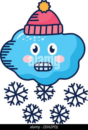 nuvola con fiocchi di neve e cappello invernale kawaii personaggio meteo comico disegno di illustrazione vettoriale Illustrazione Vettoriale