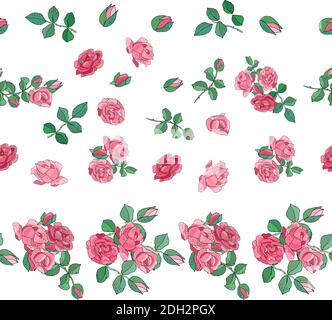 Motivo floreale senza cuciture con rose. Ottima stampa per biglietti d'auguri, vestiti, biancheria da letto, tessuti, tessuti, carta da parati, carta da imballaggio, confezione regalo. Illustrazione Vettoriale
