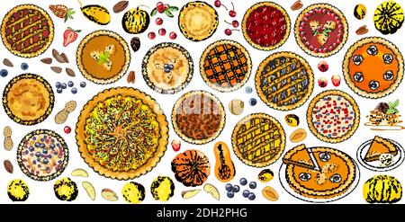 Set di torte con diversi ripieni, frutta, zucche, noci, bacche, gelato Illustrazione Vettoriale