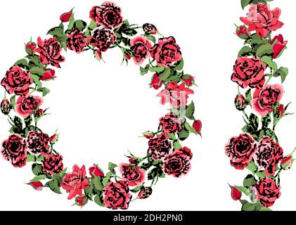 Sagoma rotonda e bordo senza giunture con rose e foglie isolate su sfondo bianco. Illustrazione Vettoriale