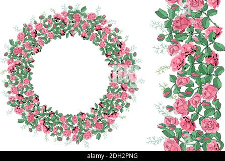Modello rotondo e bordo senza giunture con rose rosa e foglie isolate su sfondo bianco. Illustrazione Vettoriale