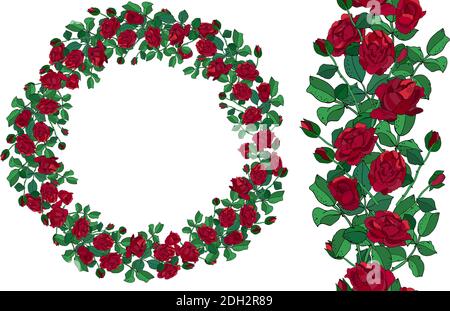 Sagoma rotonda e bordo senza giunture con rose rosse e foglie isolate su sfondo bianco. Illustrazione Vettoriale