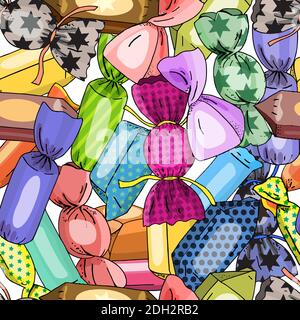 Sweets sfondo senza cuciture. Pattern vettoriale caramelle colorate. Design per tessuti, carta da parati, tessuti, confezioni regalo, biglietti d'auguri e inviti Illustrazione Vettoriale