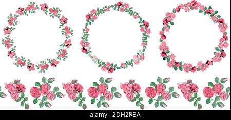 Set di dima rotonda e bordo senza giunture con rose rosa e foglie isolate su sfondo bianco. Illustrazione Vettoriale