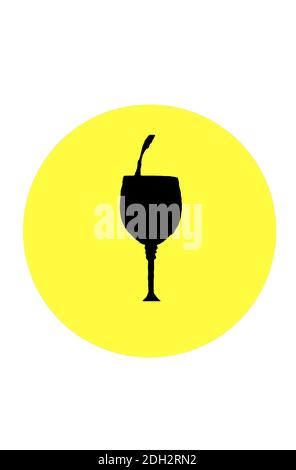 Wine pouring illustration,glass of wine in yellow ball on white isolated,booze logo sign Stock Photo