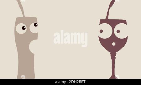Personaggi cartoni animati, bicchieri per bevande, vetro con occhi ed emozioni, illustrazioni di personaggi comici, primo piano. Foto Stock