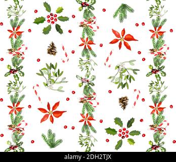 Motivo senza cuciture con cono, rami di abete, Holly, poinsettia, canna di caramello, mistletoe isolato su bianco. Simboli di natale tradizionali. Illustrazione Vettoriale