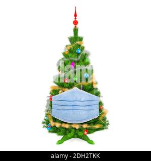 Albero di Natale con maschera medica, rendering 3D isolato su sfondo bianco Foto Stock