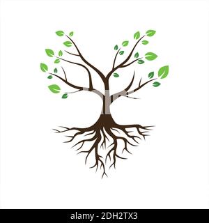 albero con il logo dell'icona di radice disegno vettoriale piatto di concetto Illustrazione Vettoriale