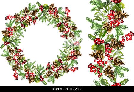 Corona decorativa natalizia e bordo senza giunture di rami di alberi con cono di abete, agrifoglio, mistletoe. Illustrazione vettoriale del disegno manuale. Illustrazione Vettoriale