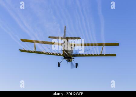 Crop giallo Duster spruzzando Pestisides su raccolti Foto Stock