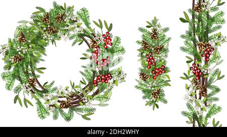 Vector corona festiva con mistletoe, cono, ramo, agile isolato su sfondo bianco. Illustrazione del disegno a mano. Simboli di Capodanno e Natale. Illustrazione Vettoriale