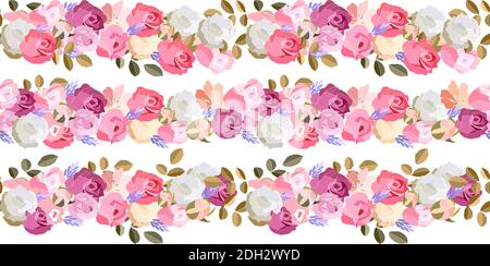 Motivo vintage orizzontale senza cuciture con boccioli di rosa. Illustrazione vettoriale disegnata a mano. Ottimo per confezioni regalo, biglietti d'auguri, annunci Illustrazione Vettoriale
