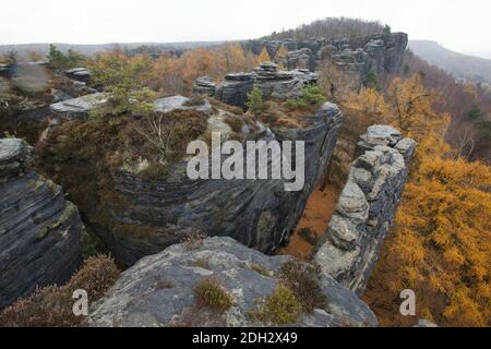 Grandi rocce di Tisa (Velké Tiské stěny) nella Svizzera boema (České Švýcarsko) nella Boemia settentrionale, Repubblica Ceca. Foto Stock