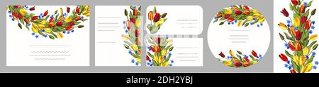 Set floreale vettoriale di carte floreali senza cuciture da splendidi tulipani. Illustrazione isolata e disegnata a mano. Design floreale, sfondo floreale. Festivo Illustrazione Vettoriale