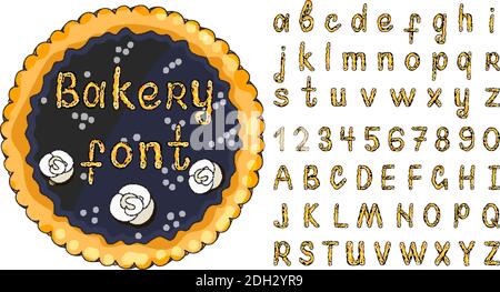 Alfabeto di pasticceria inglese abc e torta di mirtillo dolce. Set alfabetico in stile panetteria. Carattere vettoriale disegnato a mano. Illustrazione vettoriale del National Pie Day. Illustrazione Vettoriale