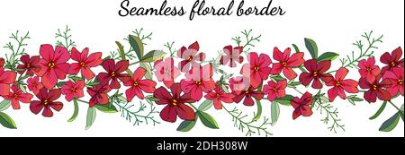 Bordo di fiori di primavera senza cuciture isolato su bianco. Modello tracciato manualmente vettoriale. Ottima stampa per biglietti d'auguri, vestiti, biancheria da letto, tessuto, tessuto, Illustrazione Vettoriale