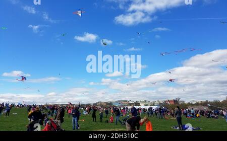 WASHINGTON, DC - 01 Aprile 2017: Una grande folla di adulti e bambini che volano al Kite Festival sul National Mall, vicino al Washington M. Foto Stock