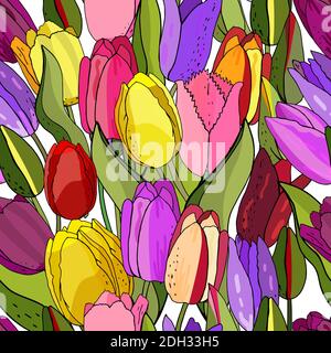 Bellissimo tulipano Wild in fiore senza cuciture in un disegno a mano stile Illustrazione Vettoriale