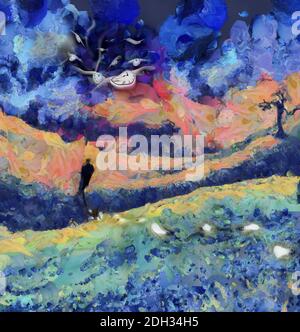 Uomo con idee. Orologi alati. Rendering 3D Foto Stock