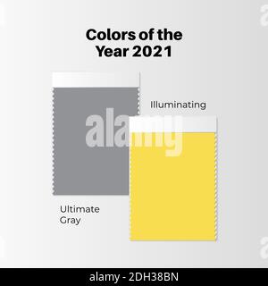 Colore dei campioni di tessuto dell'anno 2021 o icona vettore campione. Tavola a colori in tessuto di moda. Ultimate Grey e giallo luminoso. Sfondo per blogger e designer Illustrazione Vettoriale