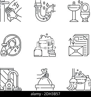 Set di icone lineari per le attività di pulizia Illustrazione Vettoriale