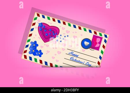Busta San Valentino isolata su sfondo rosa. Lettera d'amore con cuore e fiori blu.retro busta Airmail. Immagine vettoriale del taglio della carta Illustrazione Vettoriale