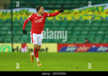 9 dicembre 2020; Carrow Road, Norwich, Norfolk, Inghilterra, Campionato inglese di calcio della Lega Calcio, Norwich contro Nottingham Forest; Anthony Knockaert di Nottingham Forest celebra il suo obiettivo per il 1-1 nel 73esimo minuto di credito: Action Plus Sports Images/Alamy Live News Foto Stock