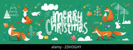 Allegro Natale verde carta colore o abnner in stile scandinoso Scandic con carine volpi. Illustrazione Vettoriale
