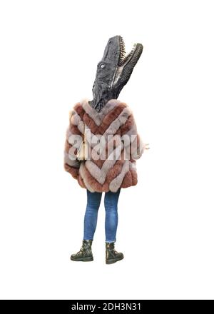 Indietro Vista Donna con abiti invernali e testa dinosauro Foto Stock