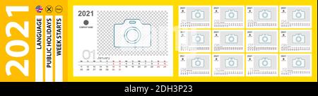 Calendario da tavolo per 2021 anni, calendario mensile con posto per foto. La settimana inizia il lunedì. Pronto per la stampa del modello. Illustrazione Vettoriale
