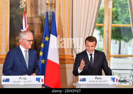 Il presidente francese Emmanuel Macron e il primo ministro australiano Malcolm Turnbull in una conferenza stampa all'Elysee a Parigi, Francia, il 08 luglio 2017. Foto Cristiano Liegi/ABACAPRESS.COM Foto Stock