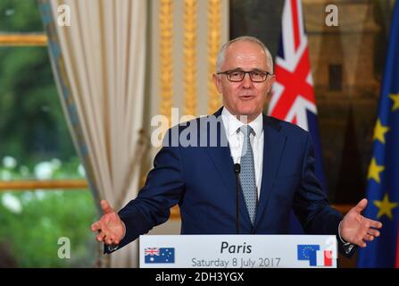 Il presidente francese Emmanuel Macron e il primo ministro australiano Malcolm Turnbull in una conferenza stampa all'Elysee a Parigi, Francia, il 08 luglio 2017. Foto Cristiano Liegi/ABACAPRESS.COM Foto Stock