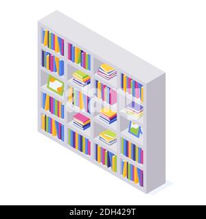 Libri su scaffale in illustrazione vettoriale isometrica. Illustrazione Vettoriale