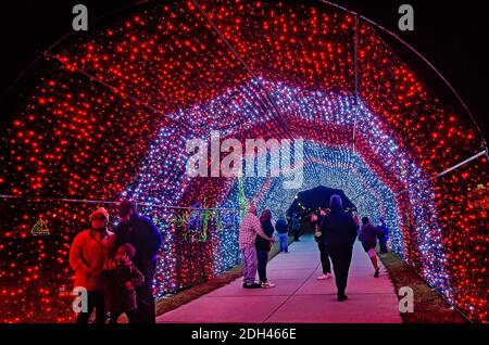 La gente cammina attraverso un tunnel a luci di Natale a LED durante una festa a Jones Park, 5 dicembre 2020, a Gulfport, Mississippi. Foto Stock