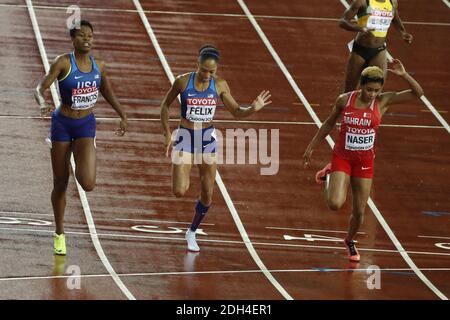 Podio delle donne di 400 metri: Da sinistra a destra linea 6 Stati Uniti vincitrice di Phyllis Francis, linea 5 e medaglia di bronzo USA Allyson Felix, linea 4 e medaglia d'argento Bahrein's Salwa DID Naser, durante i campionati mondiali di atletica 2017 IAAF nello Stadio Olimpico, Queen Elisabeth Park, Londra, UK, il 9 agosto 2017 Foto di Henri Szwarco/ABACAPRESS.COM Foto Stock