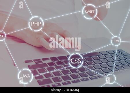 Il concetto di codici diversi di linguaggi di programmazione in un'immagine digitale. Foto Stock