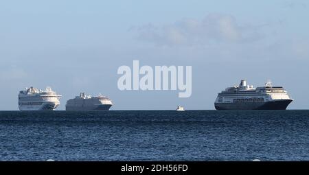 Torbay, Devon, Inghilterra: La nave da crociera Emerald Princess, più le navi da crociera Holland America Line, MS Zaandam e MS Westerdam ormeggiate a Torbay. Foto Stock