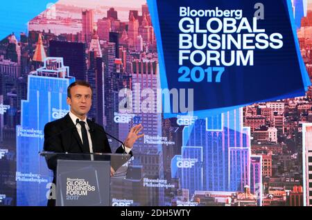 Il presidente francese Emmanuel Macron parla al Bloomberg Business Forum il 20 settembre 2017, a New York City, NY, USA. Foto di Ludovic Marin/piscina/ABACAPRESS.COM Foto Stock