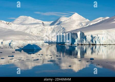 Isola coperta di neve e iceberg con riflessione nell'Oceano Atlantico del Sud, Antartide Foto Stock