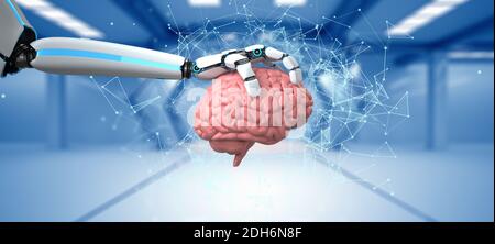 Robot umanoide mano cervello umano Foto Stock