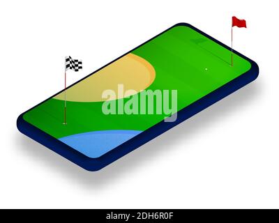 campo da golf verde sullo schermo dello smartphone. Giochi online, tecnologie moderne nel settore dello sport e dell'intrattenimento. Vettore ismetrico Illustrazione Vettoriale