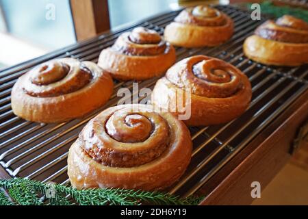 Primo piano i classici panini dolci alla cannella danesi Foto Stock