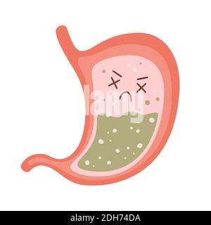 Stomaco umano. Nausea, vomito, bruciore di stomaco, gastrite, reflusso acido e problemi di dolore allo stomaco. Illustrazione di un cartone piatto vettoriale Illustrazione Vettoriale
