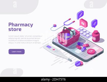 Farmacia online isometrica con confezione blister, compresse di medicina, capsule farmaceutiche, termometro, flacone sullo schermo dello smartphone con pulsante di pagamento tramite app. Concetto di pagina web di Drug Pharma. Illustrazione Vettoriale