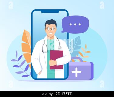 Consulenza medica online, diagnostica, consulenza o supporto del paziente via Internet, videochiamata su cellulare. Applicazione per il settore sanitario Flat Design Concept per il sito Web. Servizio medico-sanitario. Illustrazione Vettoriale
